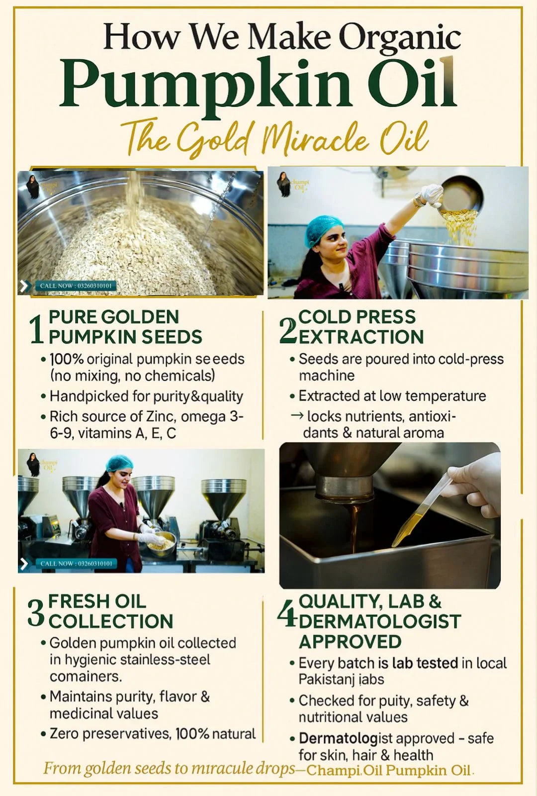 Pure cold-pressed pumpkin seed oil machine extraction process by Champi Oil.