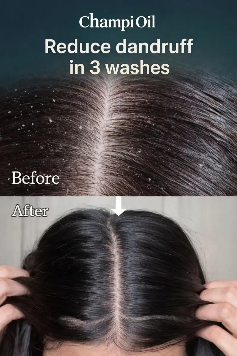 Visible scalp repair and dandruff reduction before and after using Champi Oil.