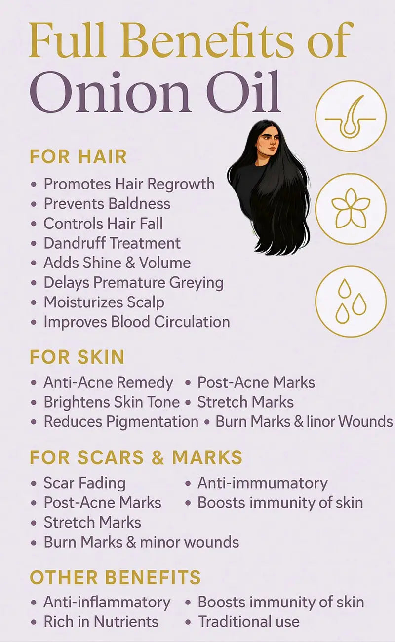 Complete skin and hair health benefits of onion oil from Champi Oil.