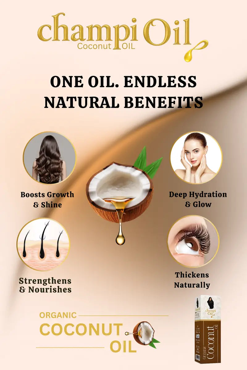 Natural benefits of cold pressed coconut oil for hair growth by Champi Oil.