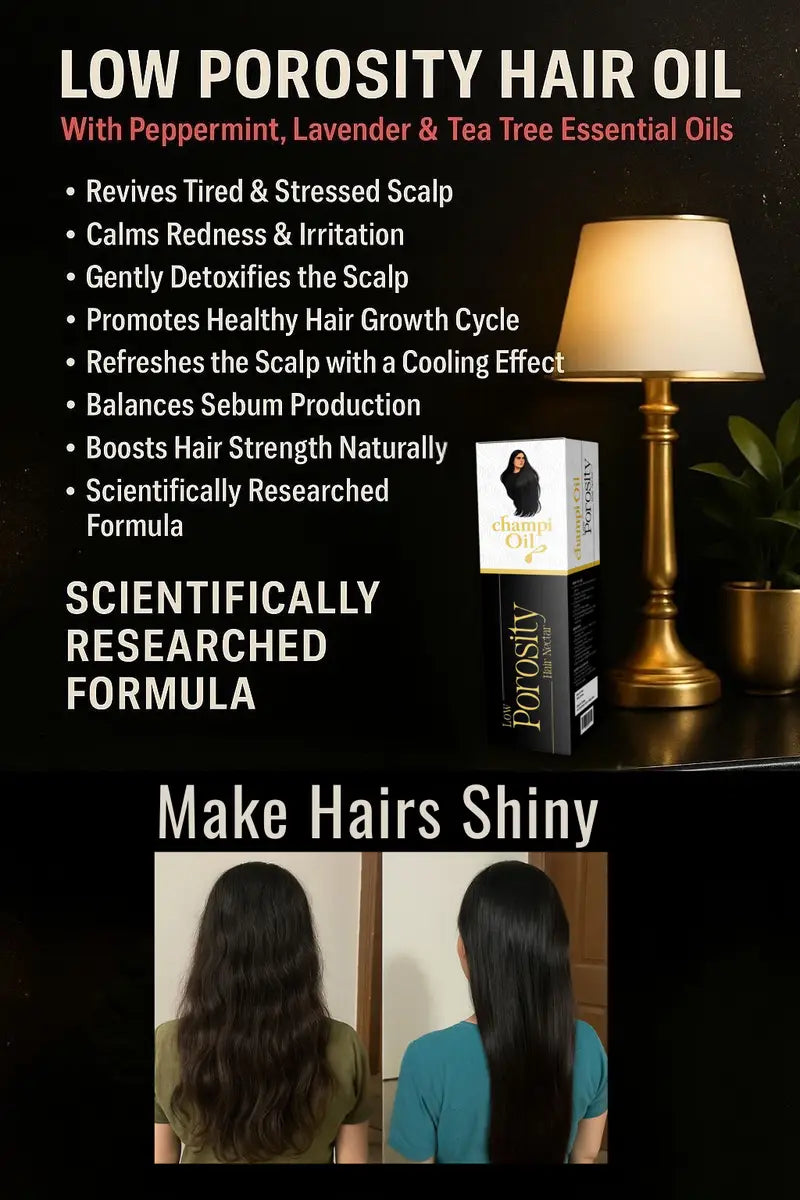 Shiny hair results using low porosity essential oil blends by Champi Oil.