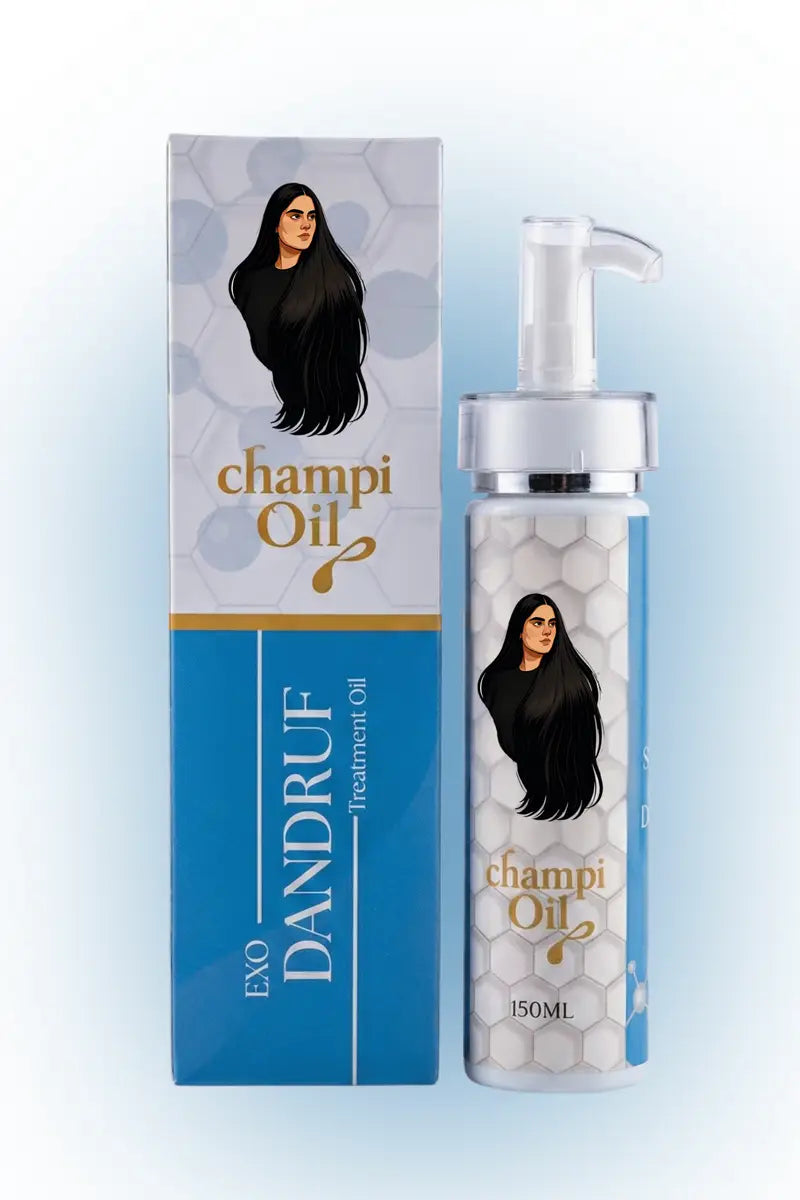 Premium Exo anti-dandruff treatment oil 150ml bottle and packaging by Champi Oil.