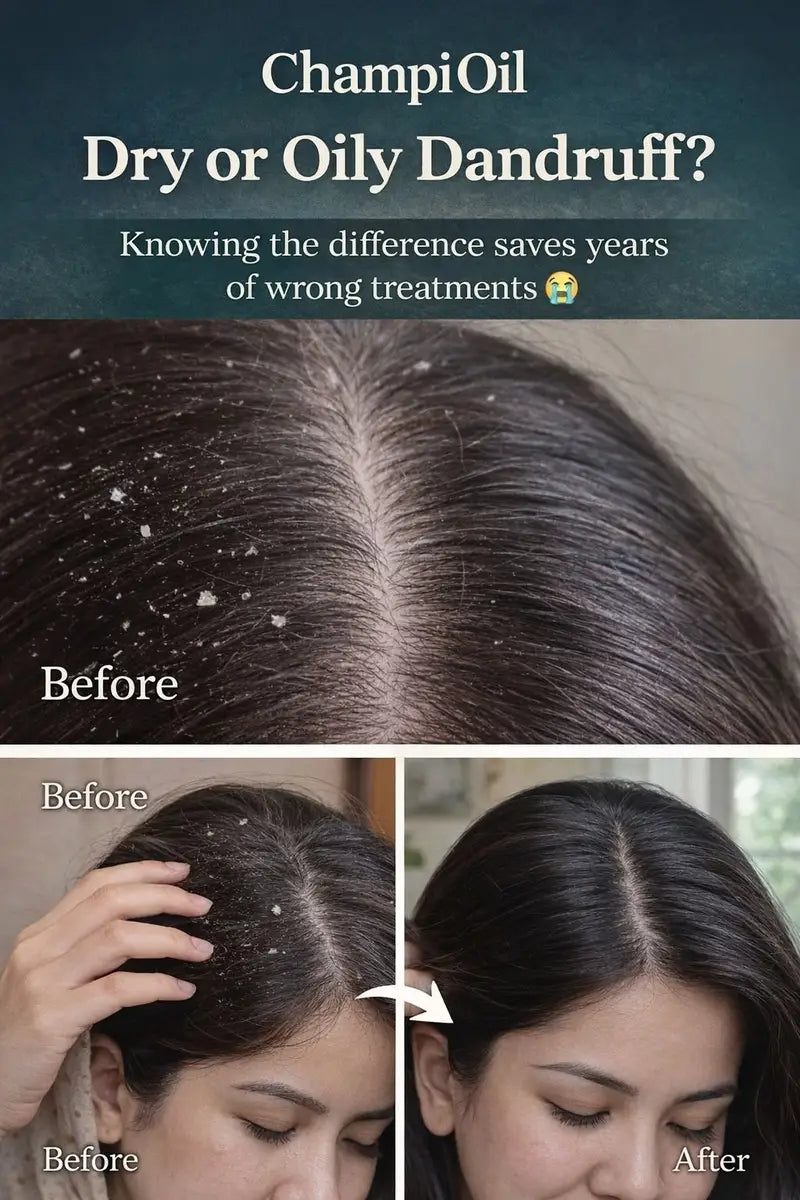 Oily and dry dandruff clearance results before and after using Champi Oil.