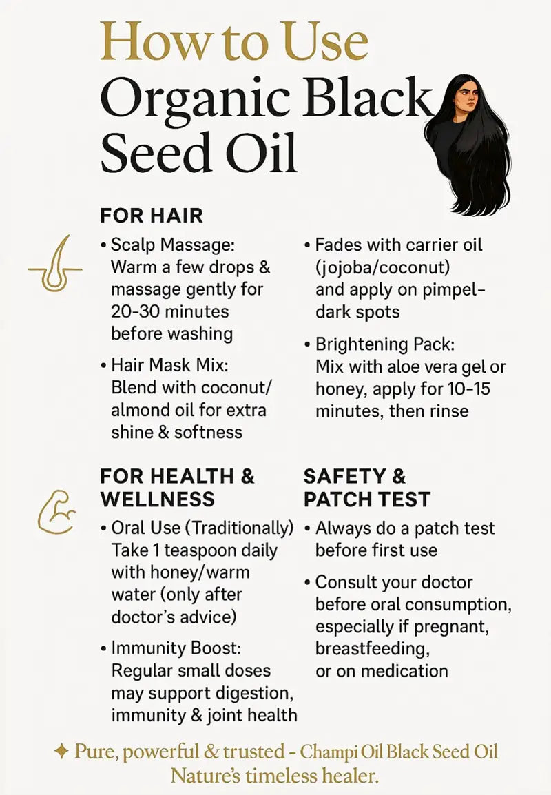 Step-by-step application guide for organic black seed oil by Champi Oil.