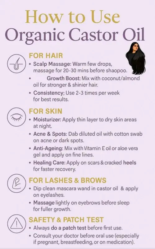 Step-by-step instructions on how to use organic castor oil by Champi Oil.