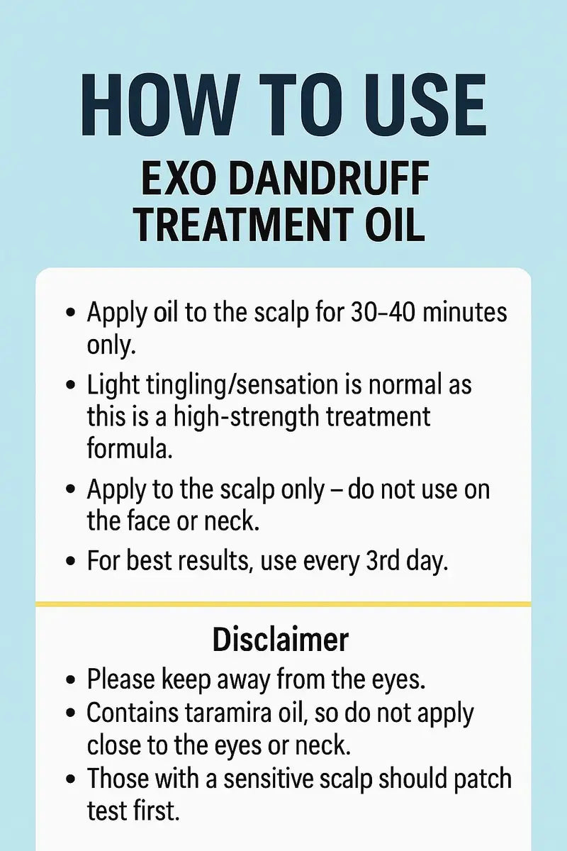 Step-by-step application instructions for Exo anti-dandruff hair care by Champi Oil.