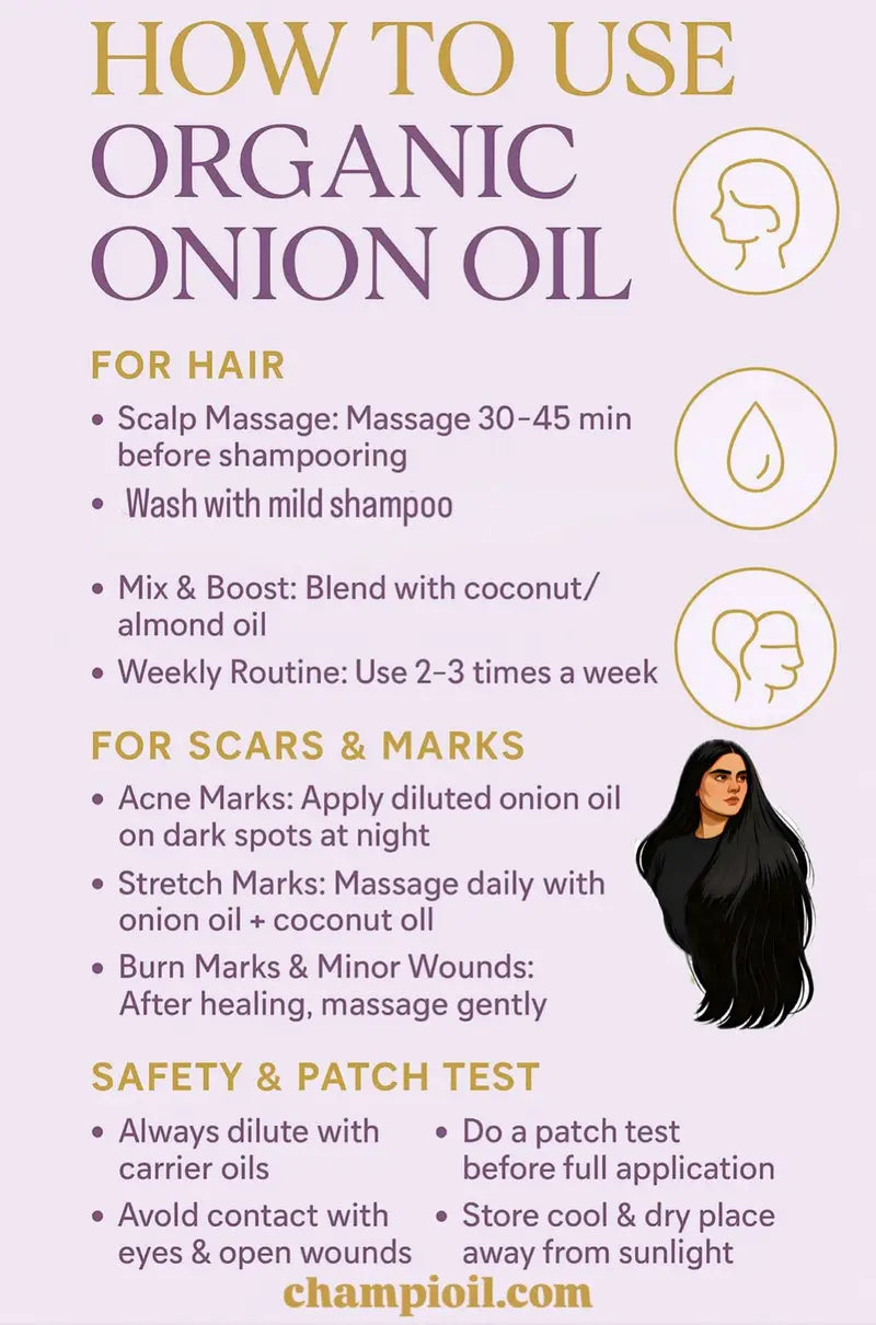 How to apply organic onion hair oil by Champi Oil for scalp and scars.