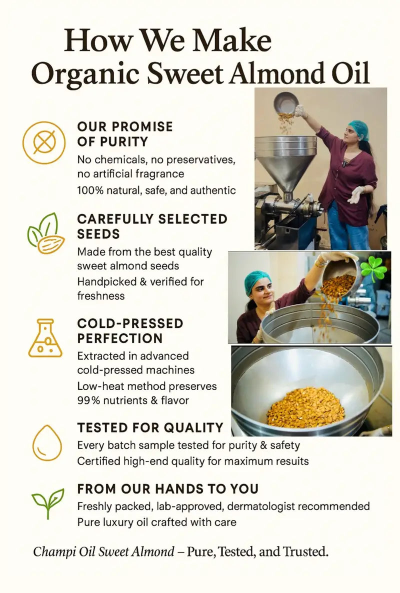 Pure hydraulic cold-pressed sweet almond oil extraction process by Champi Oil.