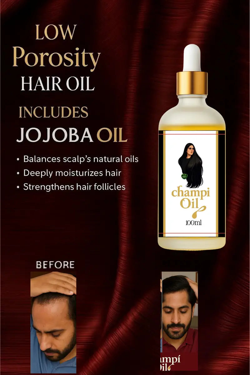 Jojoba-infused low porosity hair oil for follicle strength by Champi Oil.
