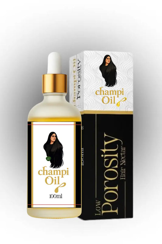 Premium 100ml low porosity hair nectar bottle and box by Champi Oil.