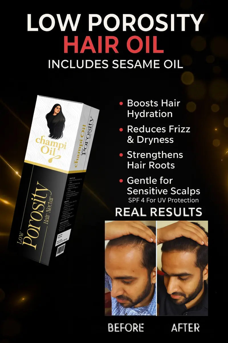 Low porosity hair oil with sesame oil for hair hydration by Champi Oil.