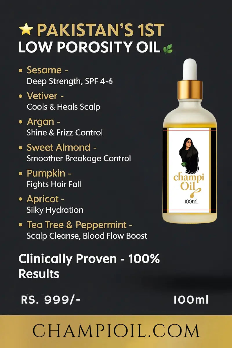 Natural ingredients list of Pakistan's first low porosity hair oil by Champi Oil.