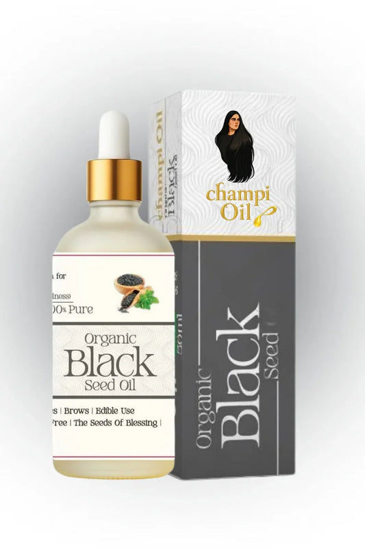 Premium glass dropper bottle of pure organic black seed oil by Champi Oil.