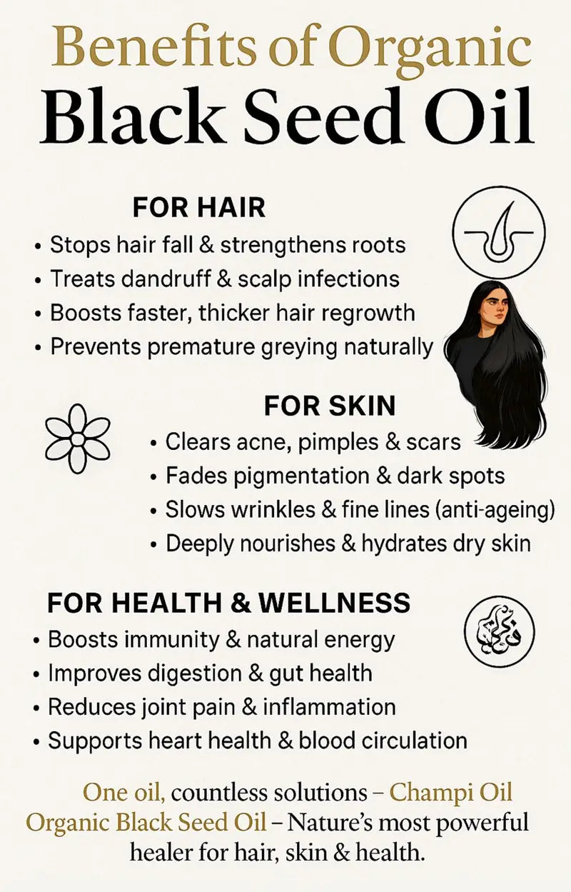 Therapeutic hair and skin wellness benefits of black seed oil from Champi Oil.