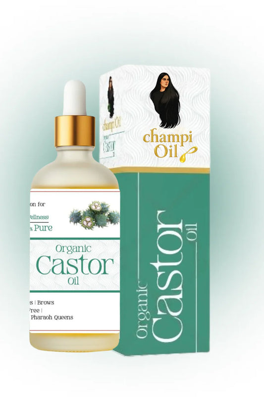 Premium pure organic castor oil dropper bottle and packaging from Champi Oil.