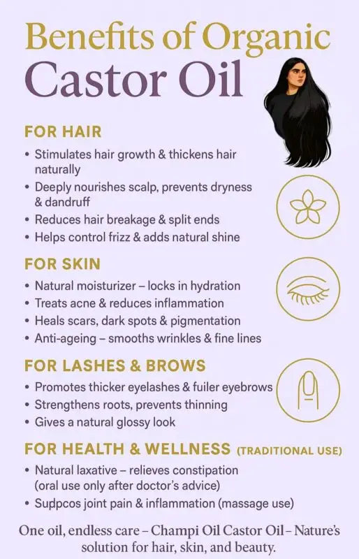 Full health benefits of pure castor oil for hair and skin care by Champi Oil.