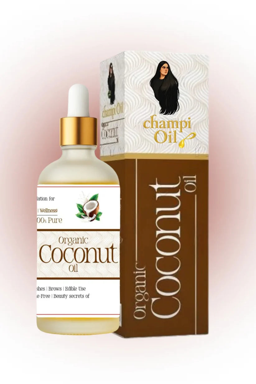 Premium 100% pure organic coconut oil bottle and packaging by Champi Oil.