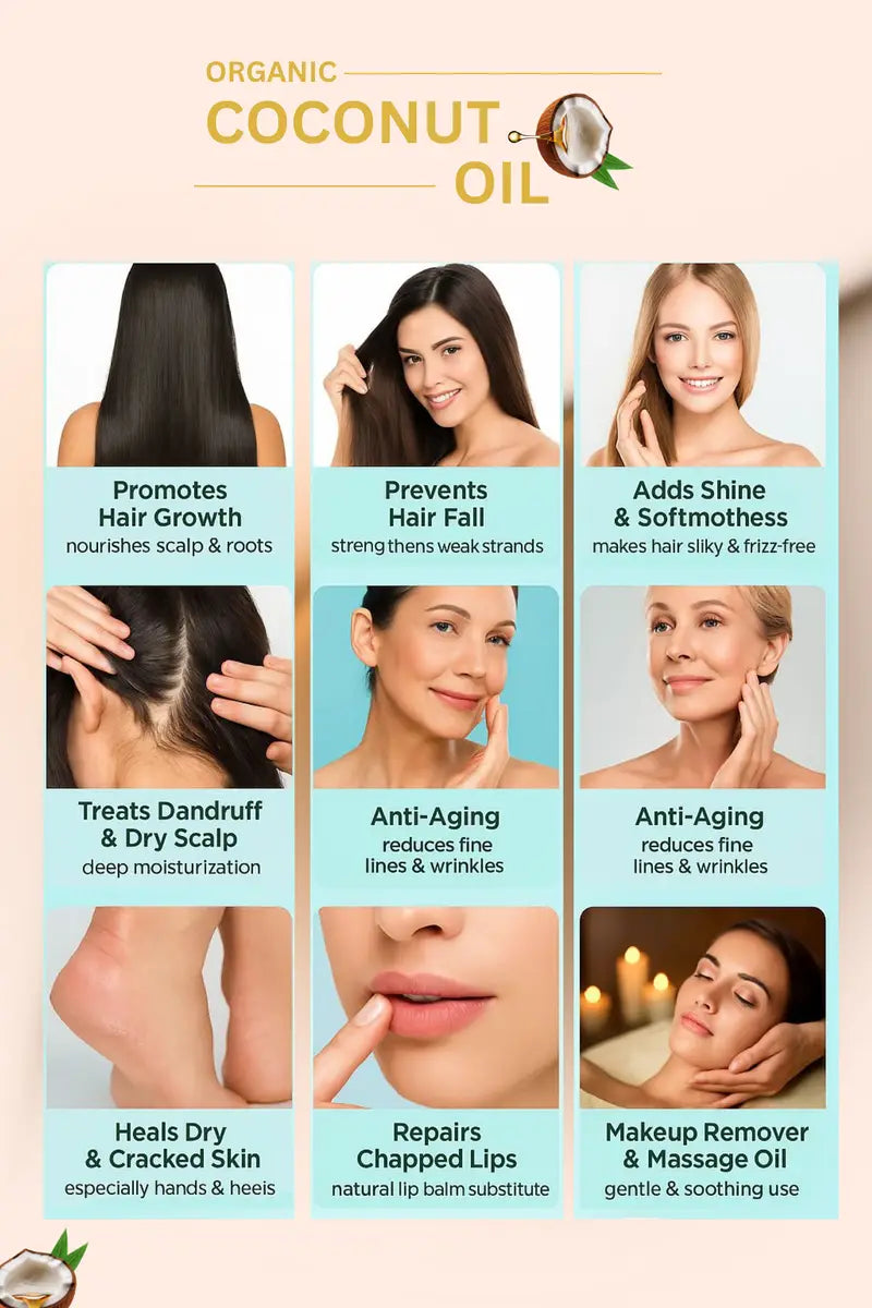 Multiple uses of organic coconut oil for hair and skin care by Champi Oil.