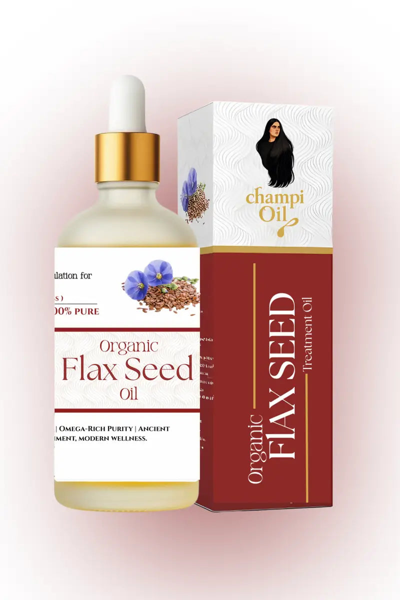 Premium organic flaxseed hair oil dropper bottle and packaging by Champi Oil.