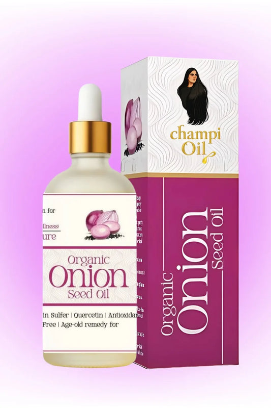 Premium organic onion seed oil dropper bottle from Champi Oil.