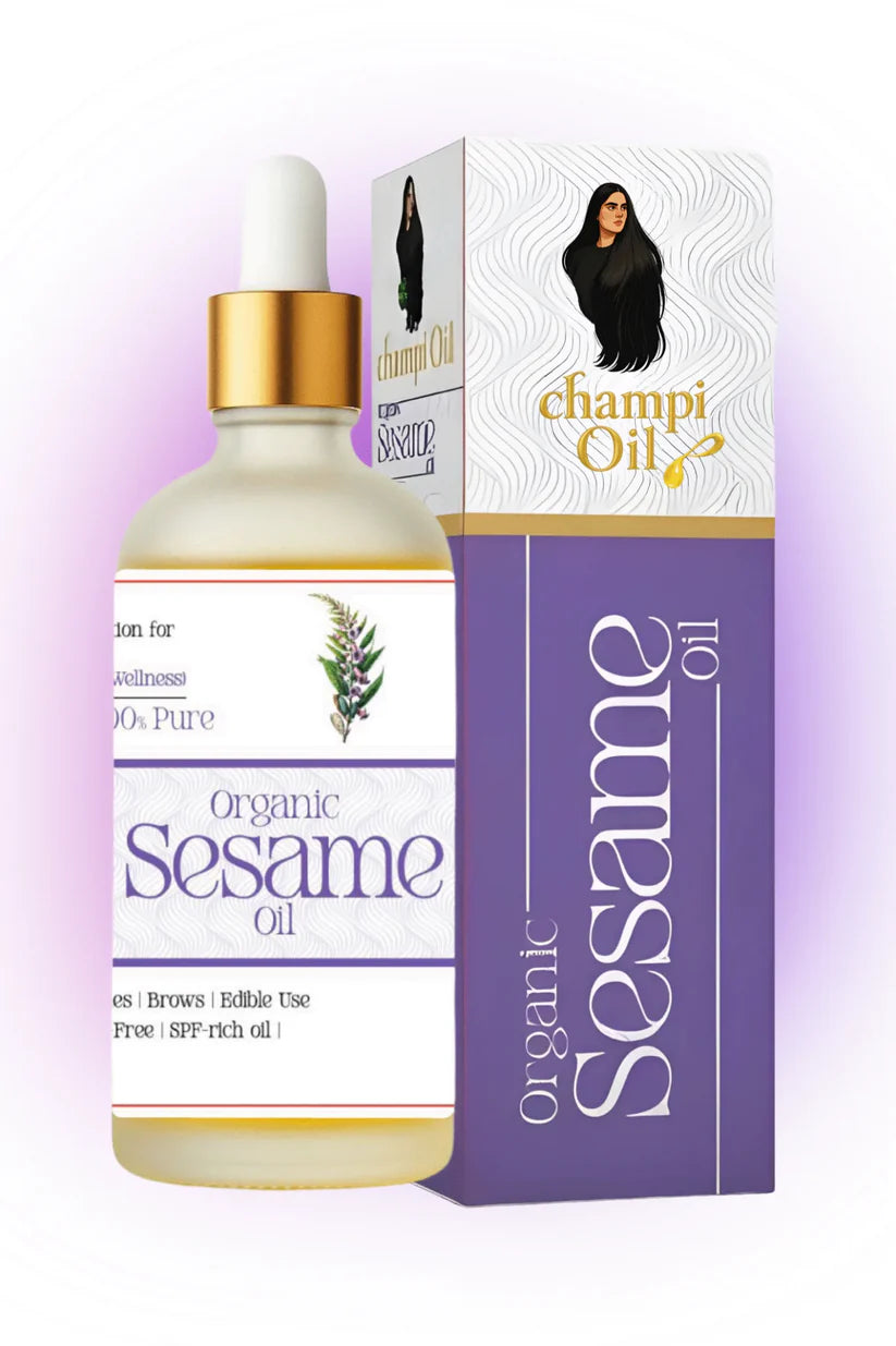 Premium glass dropper bottle of pure organic sesame oil by Champi Oil.