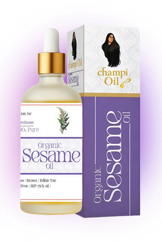 Premium glass dropper bottle of pure organic sesame oil by Champi Oil.
