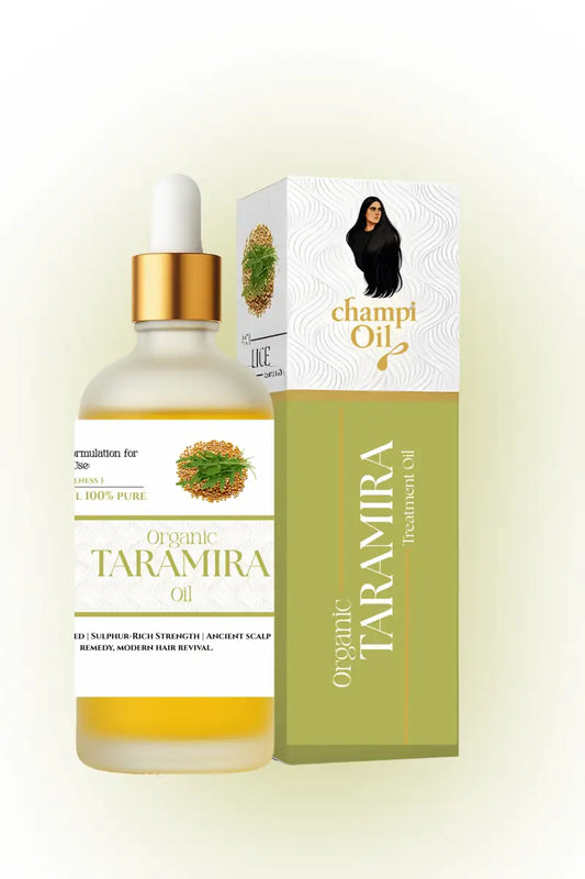Premium glass dropper bottle of pure organic taramira oil from Champi Oil.