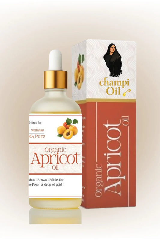 Premium glass dropper bottle of pure organic apricot oil by Champi Oil.