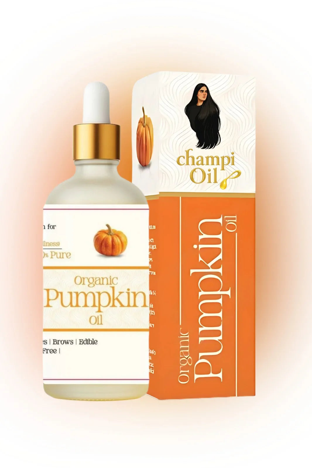 Premium pumpkin seed oil glass dropper bottle and packaging from Champi Oil.