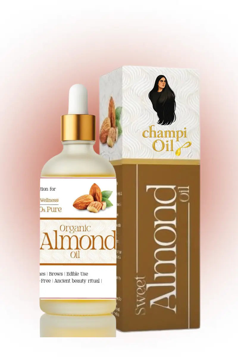 Premium glass dropper bottle of pure organic sweet almond oil by Champi Oil.