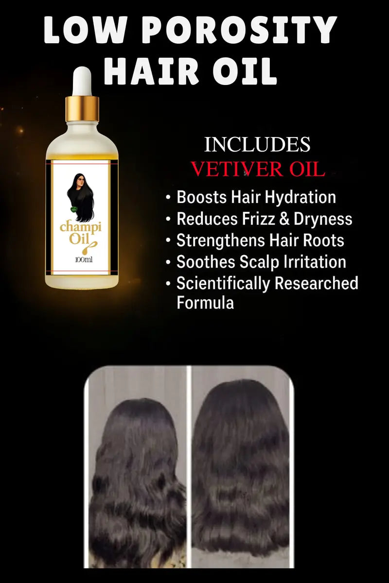 Vetiver oil formula for low porosity hair hydration from Champi Oil.